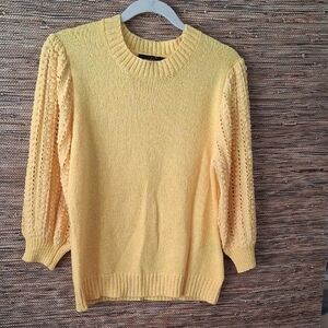 Comfy Love at First Find Yellow Crew Neck Sweater Crochet Sleeves  - Size XL